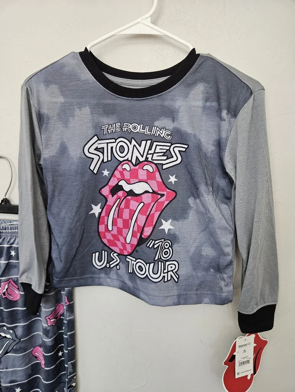 The Rolling Stones NWT Girls Medium 7/8 Gray & Pink Logo Pajama Set PJ Band